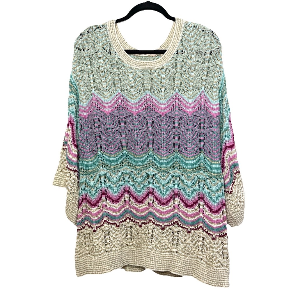 Soft Surroundings Sweater 1X Open Weave Bell Sleeve Boho Knit Tunic Metallic - Picture 10 of 15